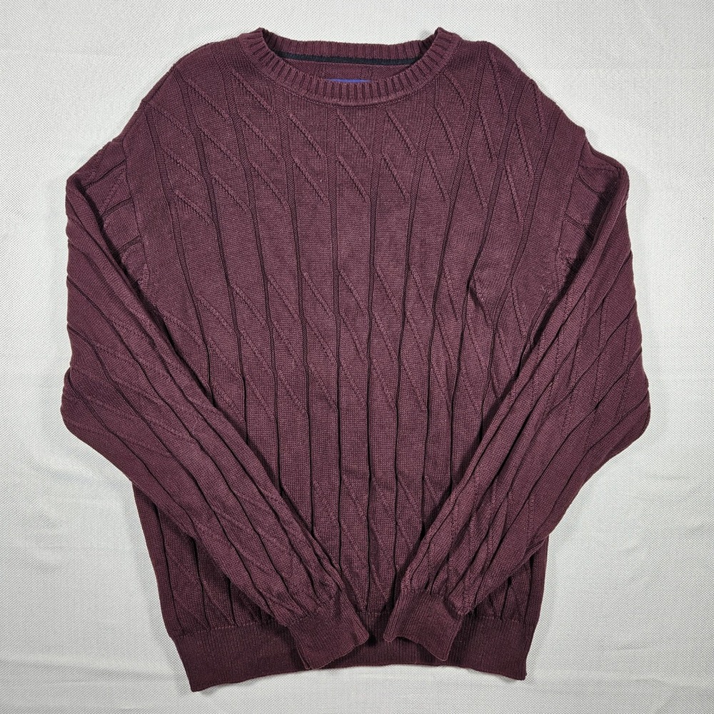 Alan Flusser Burgundy Cable Knit Crewneck Sweater Mens Size L 100 Cotton